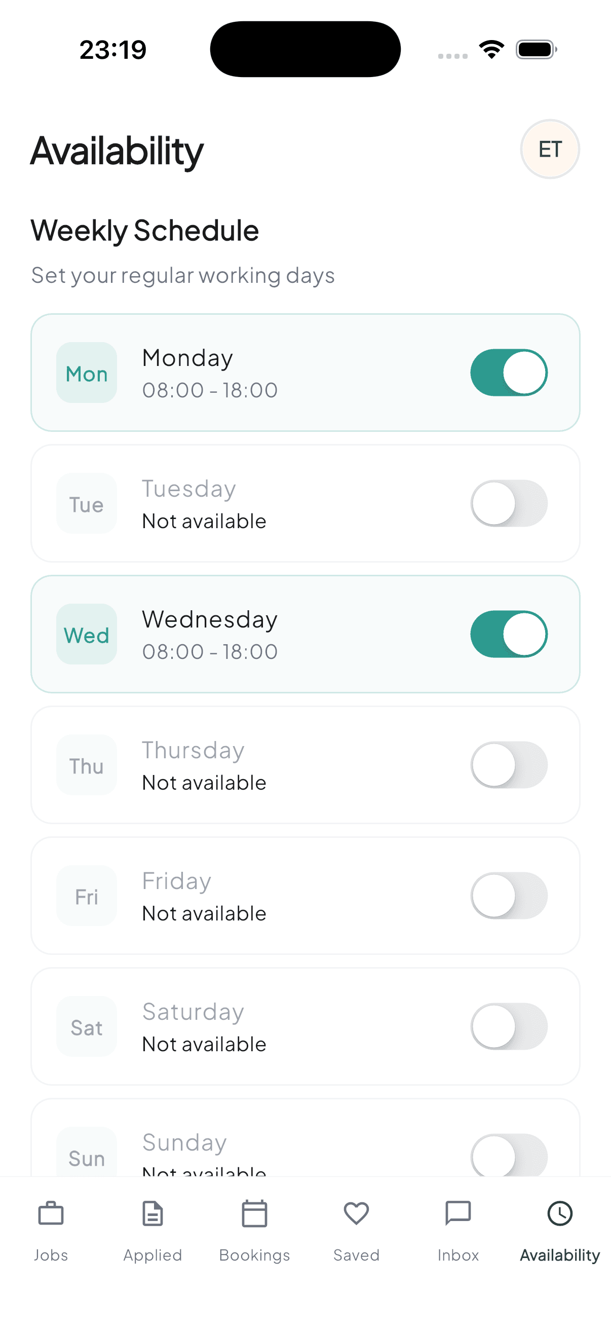 Coorie app, setting your weekly availability