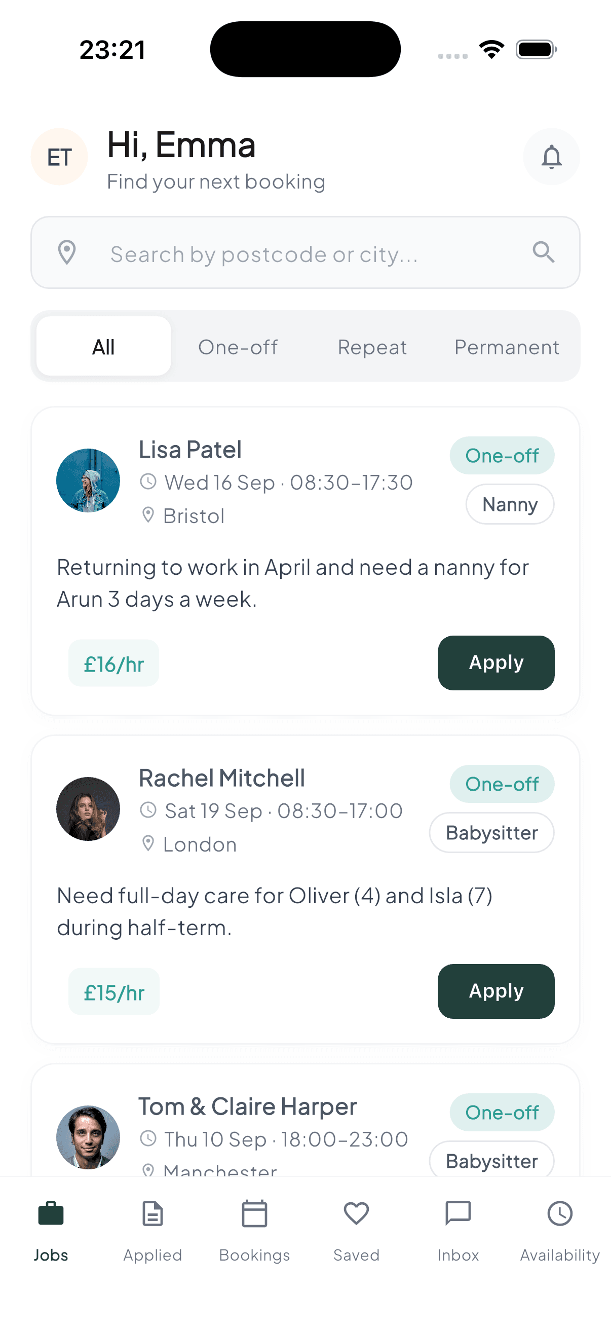 Coorie app, the carer job feed with local families looking for care